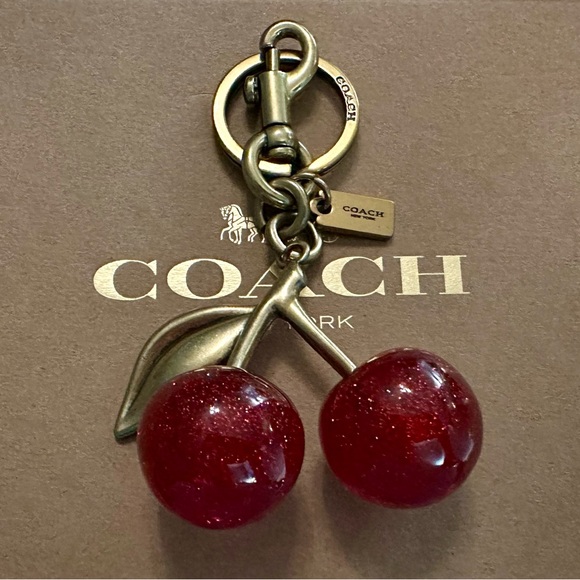 Coach Red Resin Glitter Cherries Gold Brass Keychain Fob Bag Charm - Picture 1 of 7